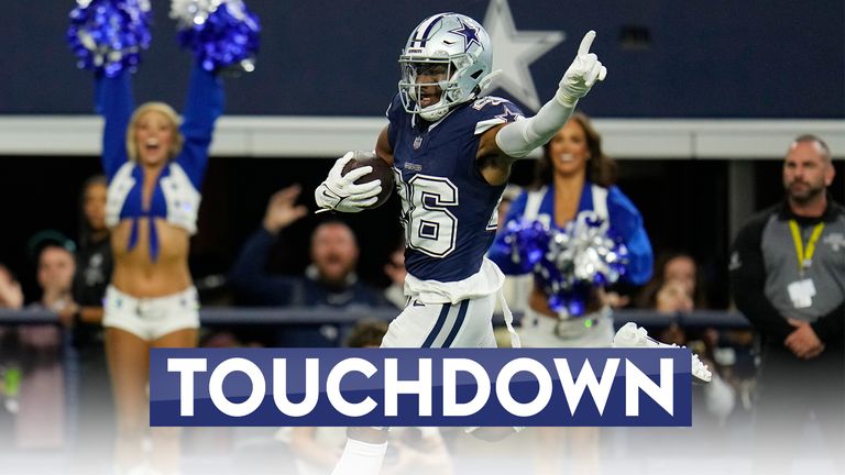 Dallas Cowboys cornerback DaRon Bland (26) celebrates as he returns an intercepted pass for a touchdown during the first half of an NFL football game against the Los Angeles Rams Sunday, Oct. 29, 2023, in Arlington, Texas. (AP Photo/Julio Cortez)


