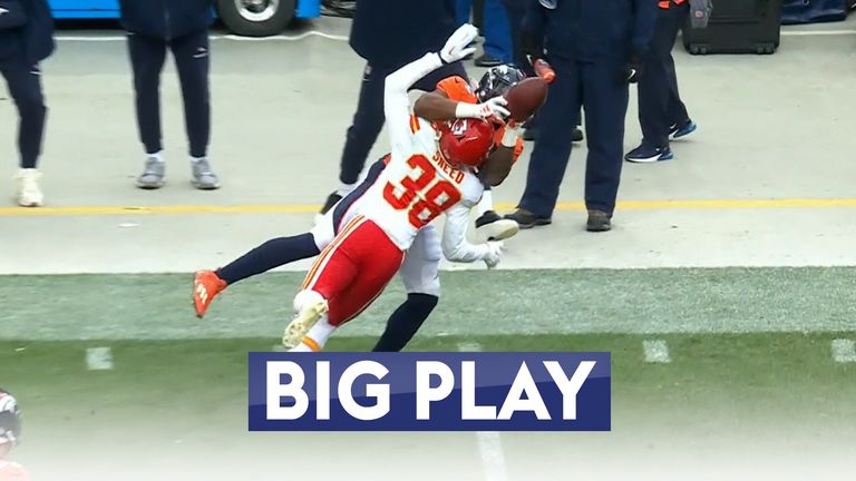 Denver Broncos wide receiver Courtland Sutton looks like Pro Football Hall of Famer Calvin Johnson on a 23-yard catch over Kansas City Chiefs defensive back L&#39;Jarius Snead.