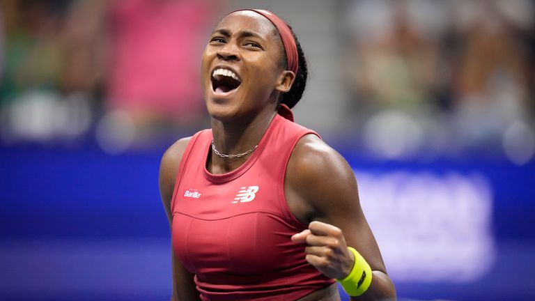 Coco Gauff, of the United States, reacts during a match against Aryna Sabalenka, of Belarus, during the women&#39;s singles final of the U.S. Open tennis championships, Saturday, Sept. 9, 2023, in New York. (AP Photo/Charles Krupa)