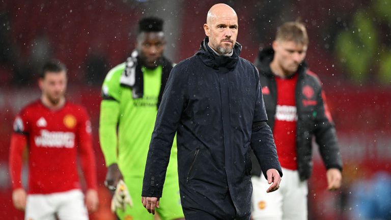 Erik ten Hag heads off the pitch at Old Trafford following Man Utd&#39;s loss to rivals City